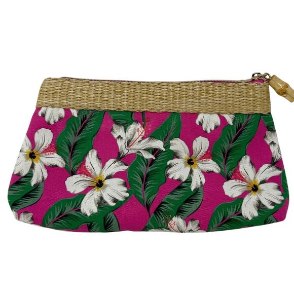 Tropical Floral Cosmetic Bag Pink & Woven Straw Trim Zip Pouch - Picture 2 of 5